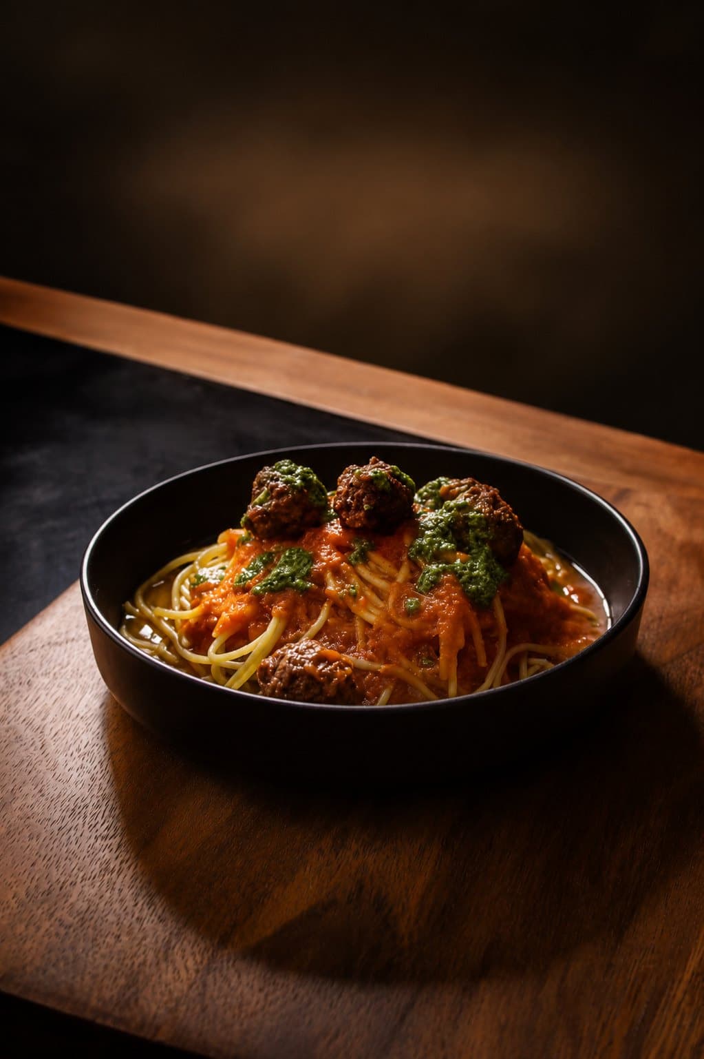 Bowl de spaghetti con albóndigas fotografiado con luz controlada.